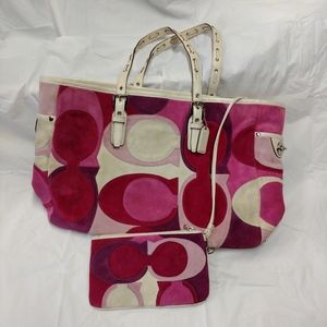 Coach Signature Pink Suede Purse Tote W/ wallet